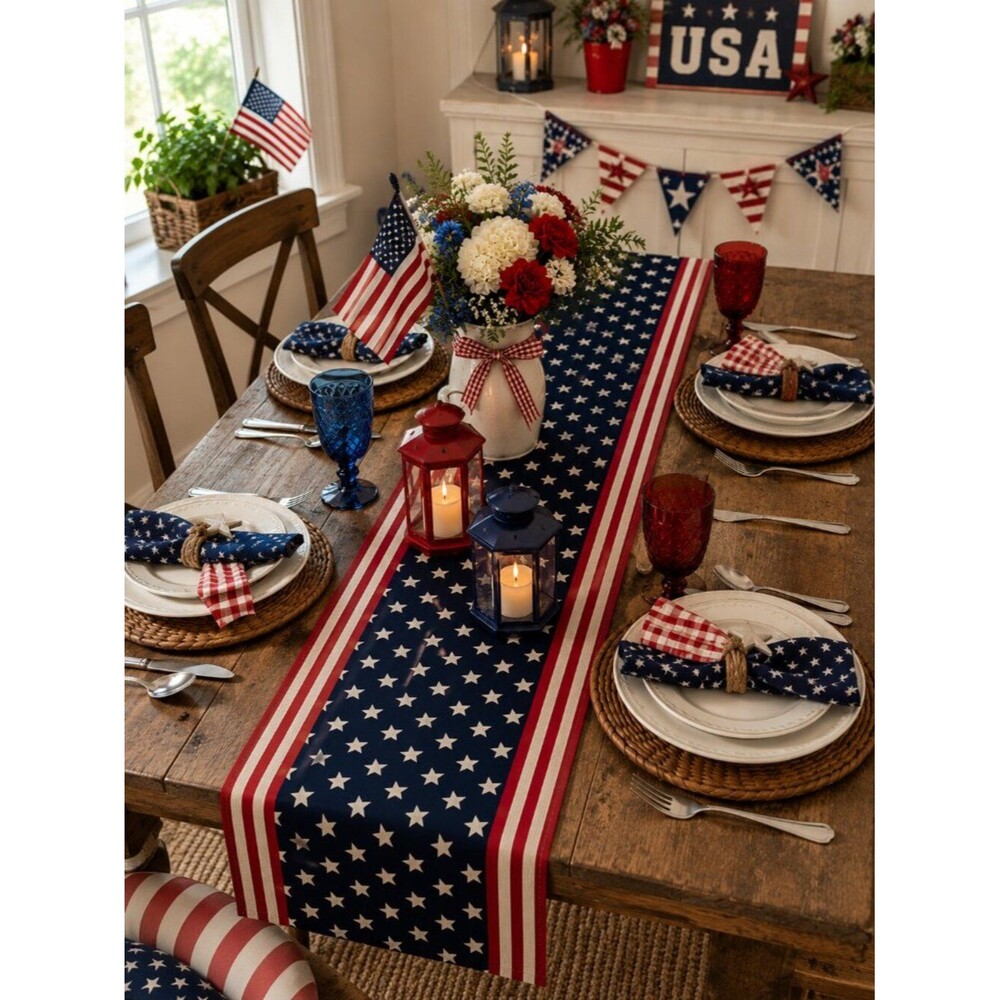 Preppy Patriotic stars and stripes table runner Americana Cottagecore 13"x72"